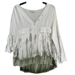 Impulse California Top Large White Green Dip Dye Sequin Coastal Lagenlook Boho